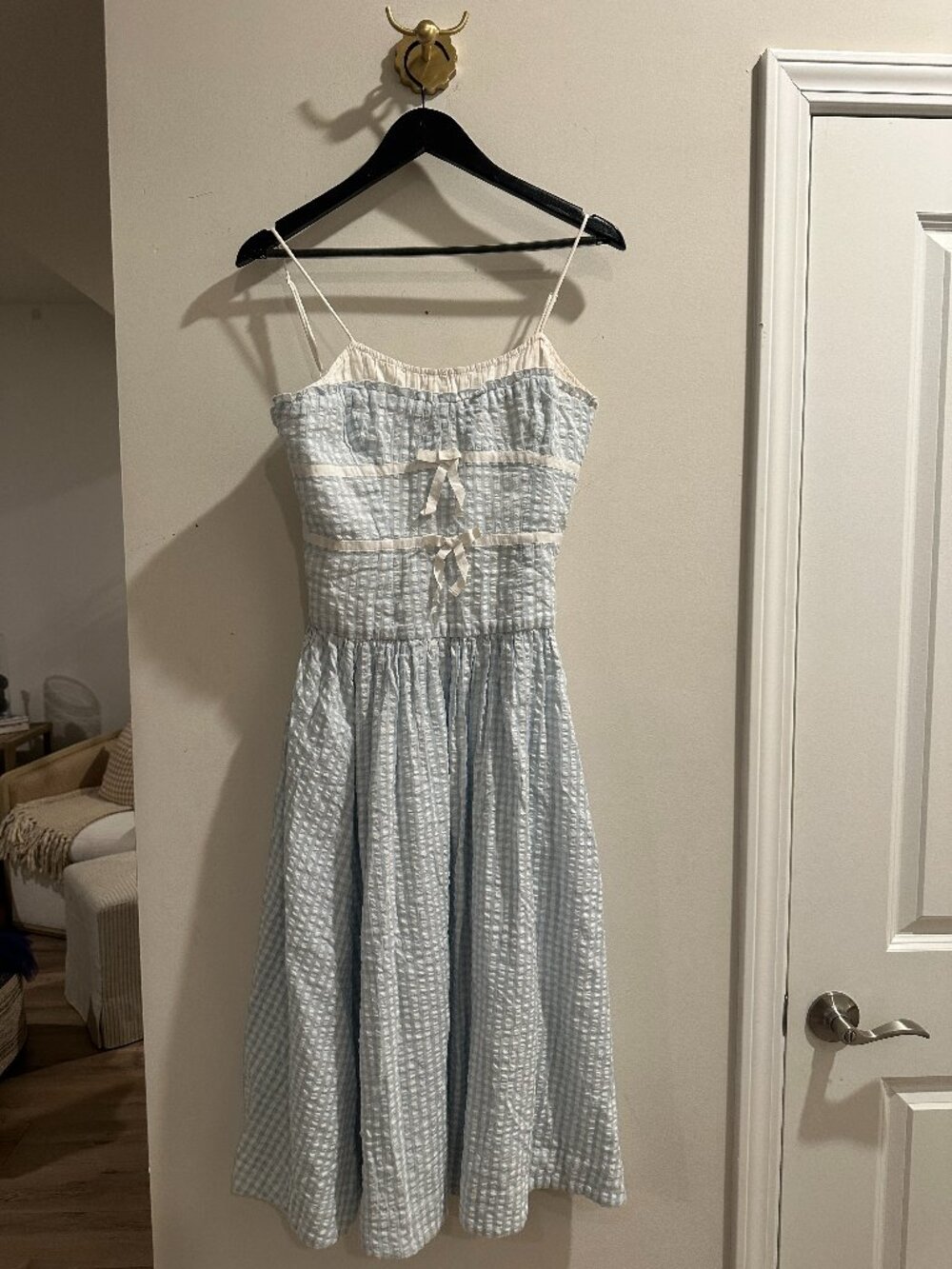 FOR LOVE & LEMONS Georgia Gingham Midi Dress in Blue Size Small